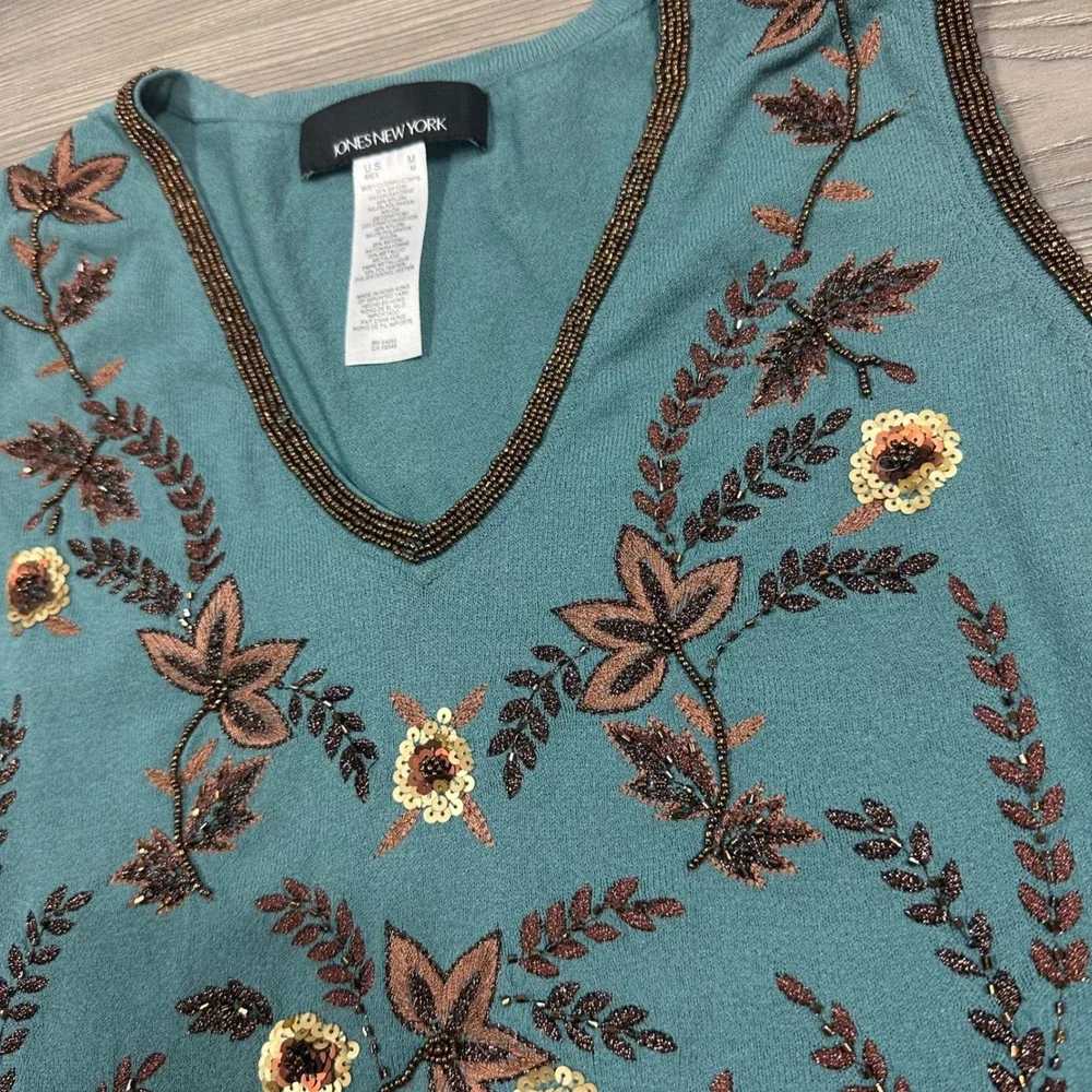 Teal Knit Beaded Tank Top -‎ SIZE M Jones New York Floral Sequins Fall Elegant - Picture 4 of 6